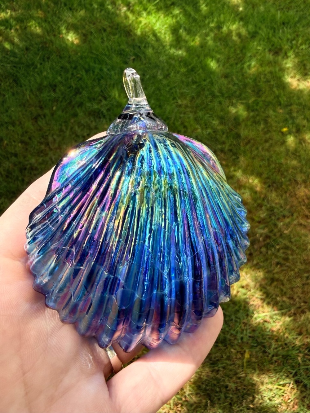 Seashell Hanging Ornament-Iridescent Blue Multicolor Dichroic Glass-Hand Blown.